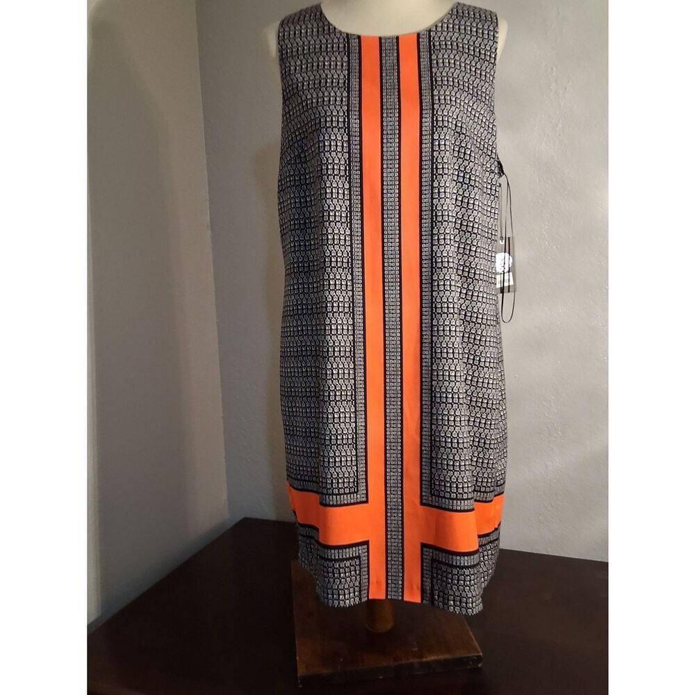Vince Camuto Navy Geometric A-Line Skirt with Bright Orange Panels